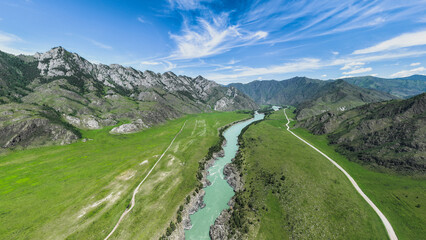 Landscape of mountains and rivers in summer. Aerial view