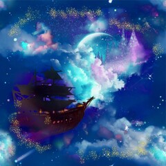 ヨーロッパのファンタジーの様なお城のシルエットと月明かりの輝く夜空に漂う海賊船のスクエアサイズシームレスパターンイラスト