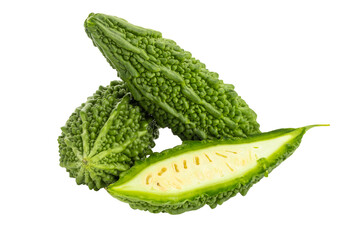 Fresh bitter gourd Bitter cucumber or bitter melon with cut slice isolated on alpha background.