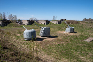 Demidov battery. View of the platform with ship guns and gun yards. Military-historical park "Patriot" in Kronstadt. Russia
