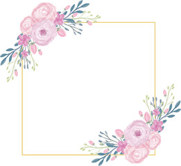 Greeting card with gold border frame watercolor floral wreath background design element