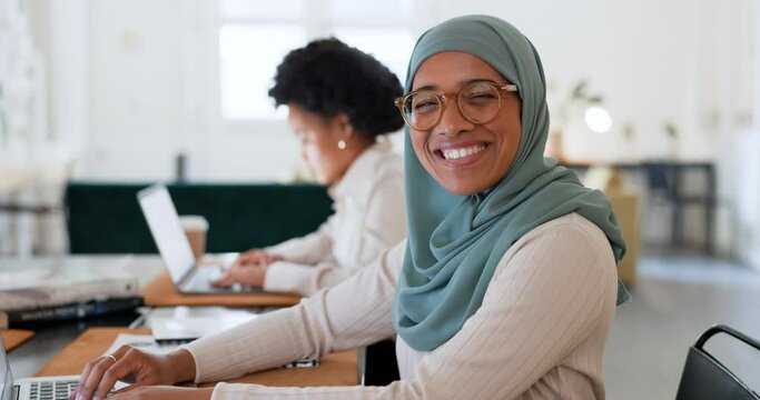 Islamic woman, business and laptop doing typing, strategy and workplace online browse with hot beverage. Portrait, female entrepreneur and working with digital device for startup company and planning