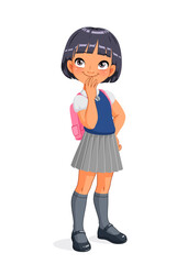 Thinking Asian school girl. Cartoon vector illustration.