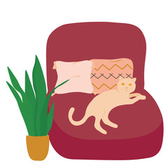 Cozy room. A domestic cat lies among soft pillows. An armchair and a houseplant. A flower in a pot. Vector stock illustration. Isolated on a white background.