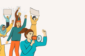 Crowd of diverse people on political meeting. Angry man and woman protest hold megaphone and posters. Protesting aggressive person at demonstration, parade or rally. Vector flat illustration
