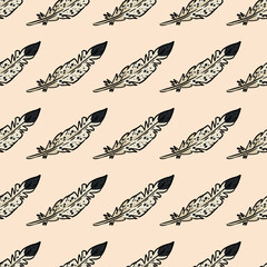 Fototapeta premium Boho feathers doodle seamless pattern. Freehand owl or hawk quill background. Vector illustration. Cozy lagom style background tile