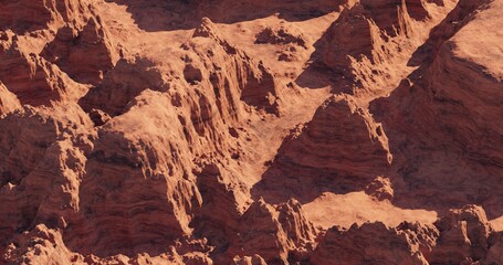 3d render of imaginary mars planet terrain, Mars planet landscape, orange eroded desert with mountains and sun, realistic science fiction illustration.