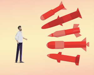 a young man confront with big problem concept, businessman brave standing confront a lot of missiles point to him