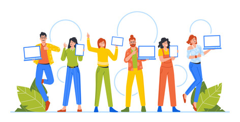 Happy People Provide Presentation Of Goods Or Services Pointing To Tablet or Laptop Screens with Advertising