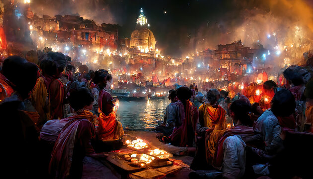 AI generated image of Deepavali or Diwali celebrations at Varanasi and Ayodhya in India, by lighting thousands of earthen lamps for Deepotsava at the river edge 