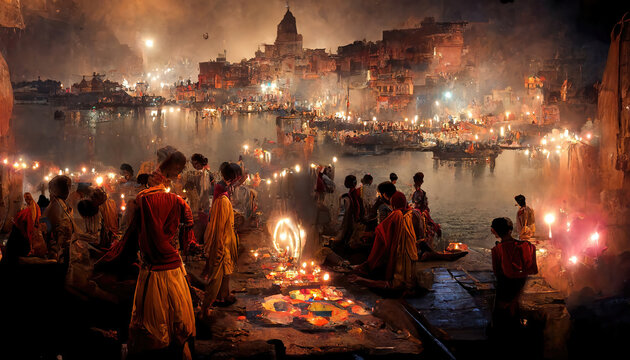 AI generated image of Deepavali or Diwali celebrations at Varanasi and Ayodhya in India, by lighting thousands of earthen lamps for Deepotsava at the river edge 