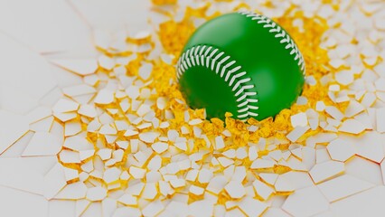 Green baseball breaking with great force through orange illuminated white wall under black-white background. 3D high quality rendering.