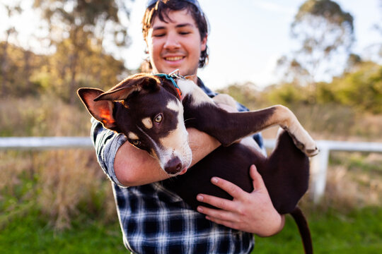 pet Australian Kelpie puppy dog in arms of smiling young country man
