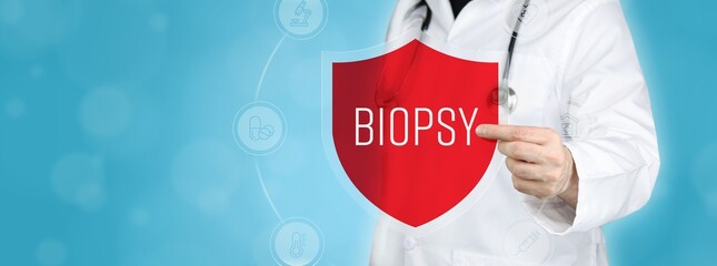 Biopsy. Doctor holding red shield protection symbol surrounded by icons in a circle. Medical word