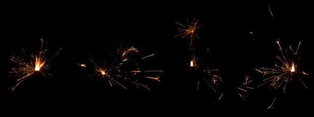 Set of real sparkler with sparks on black background for overlay blending mode