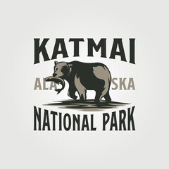 vintage grizzly on katmai national park logo illustration design