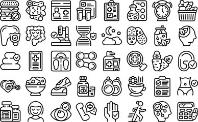 Good health icons set outline vector. Exercise plan. Hospital