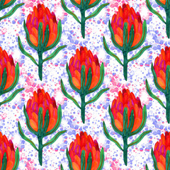 Floral seamless pattern with watercolor protea flowers on petals background