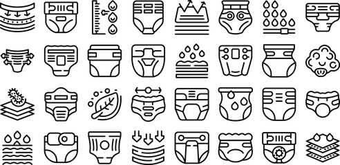 Adult diaper icons set outline vector. Layer pad. Mattress fabric