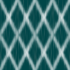 Uzbek tribal net ikat pattern. Dark green and white colors. Traditional fabric in Uzbekistan and Central Asia, using in home decor, cushioned furniture and fashion design. Ethnic fabric textile vector