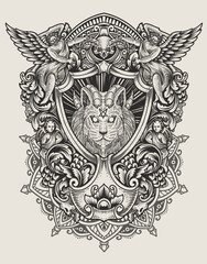 illustration vintage demon cat with engraving style