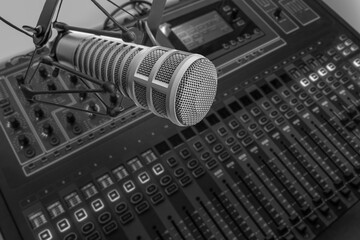 Fototapeta na wymiar Professional microphone and sound mixer background