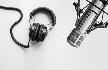 background with professional microphone and headphones
