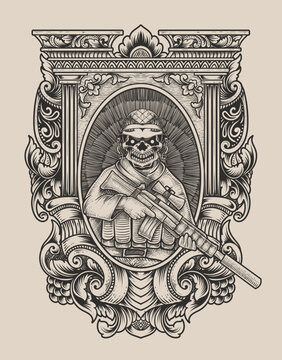 illustration vintage skull army with engraving style