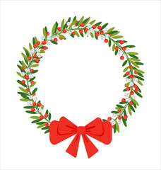 Vector illustration Christmas decoration wreath with winter berries and red bow on white background