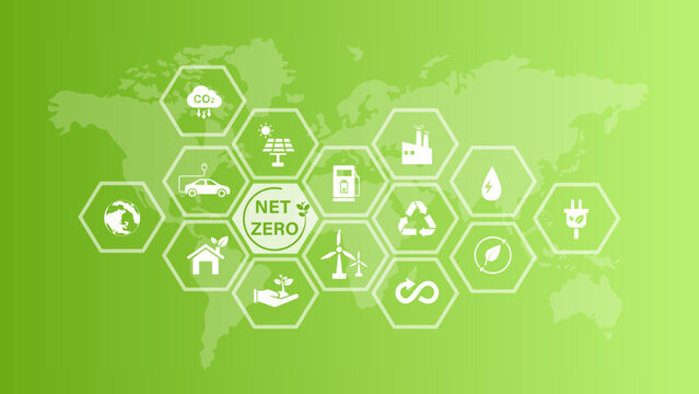 Net zero and carbon neutral concept. Net zero greenhouse gas emissions target. Climate neutral long term strategy with net zero icon on green background with green, vector illustration.