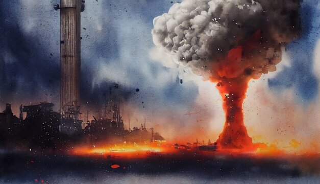 Water Color Style Of Child Looking On Nuclear Mushroom Huge Bomb Explosion In City Digital Art Style, Illustration Painting