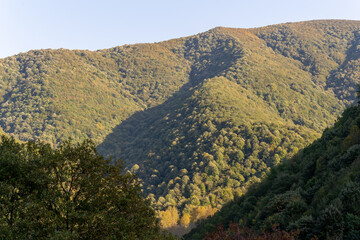 Autumn forest. Autumn mountain landscape - yellowed and reddened autumn trees combined with green. Colorful autumn landscape scene in Turkey.