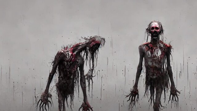 Generative AI animation of surreal painting of a deformed bloody zombies drawing. Digital image painted manipulation Halloween videoloop impressionism style.