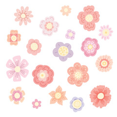 Vector set of delicate hand drawn flowers isolated from background. Collection of tender cartoon ditsy. Pastel floral kit