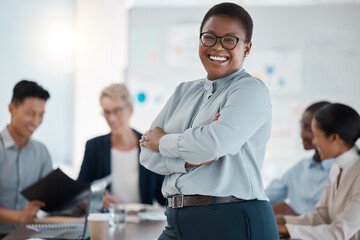 Black woman, leader and business executive laughing and happy about corporate success, profit and growth development. Female entrepreneur in management, motivation and vision strategy meeting