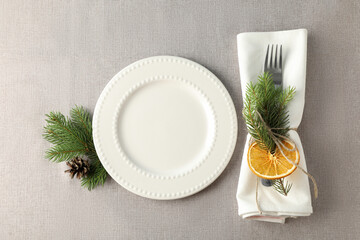 Concept of Happy New Year, Christmas table setting, top view