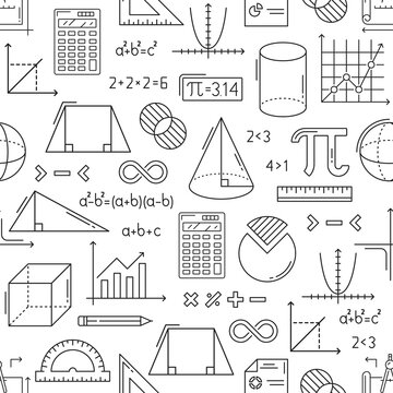 Mathematics Seamless Pattern. Vector Background Of Math Education With Linear Algebra Formulas, Equations And Geometry Figures, Trigonometric Graphs And Charts. Pencils, Rulers And Protractor Backdrop