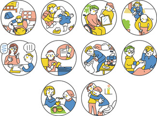 家族のケアを引き受け家族の世話、介護サポートを行うヤングケアラー達　セット　イラスト素材
