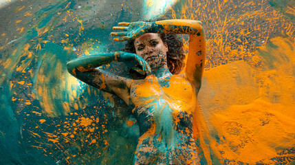 Upper body of young sexy naked woman in blue, orange and turquoise color painted, lies decorative, elegant on the Studio floor. Creative, abstract expressive body art and painting
