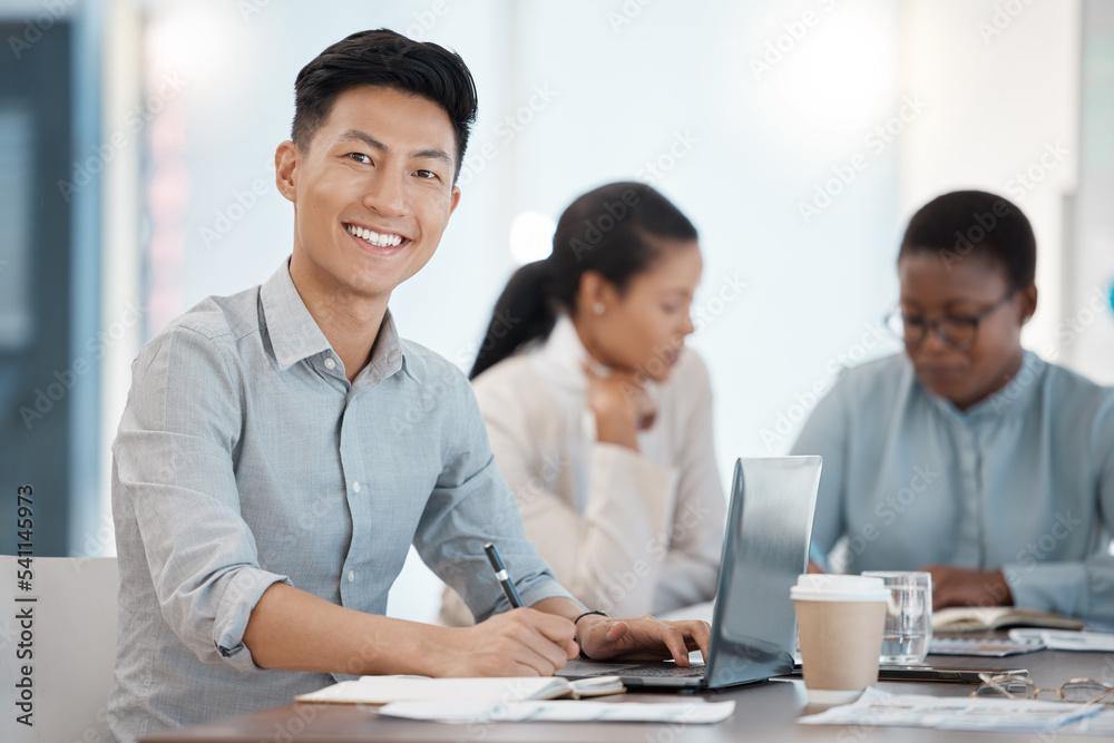 Poster coworking, smile and businessman working on a laptop, planning in a notebook and writing an idea at 