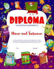 Kids diploma cartoon school stationery superhero characters. Vector educational certificate with funny rucksack, book, blackboard and magnifier. Calculator, pencil case, eraser, notebook and globe