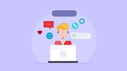Customer support concept. Company representative using headset and computer for customer service.