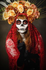 Portrait in studio of Drag Queen catrin. Colorful portrait of catrina with flower crown.