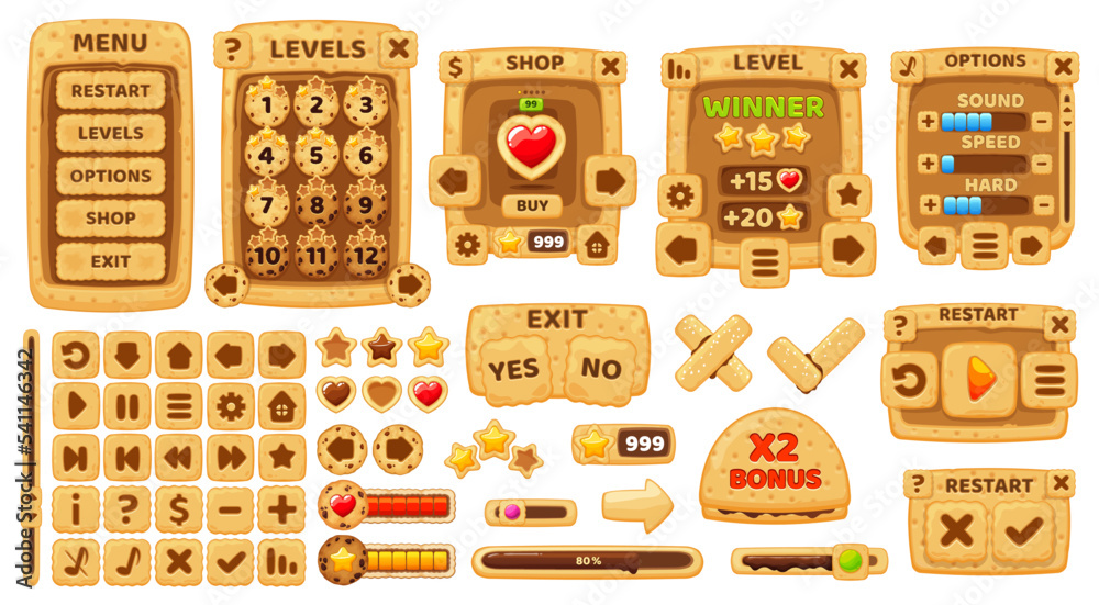 Poster Cartoon cookie cracker game interface UI and GUI elements. Vector cookie control icon and candy chocolate arcade fame navigation arrows, menu options and assets with props or GUI buttons