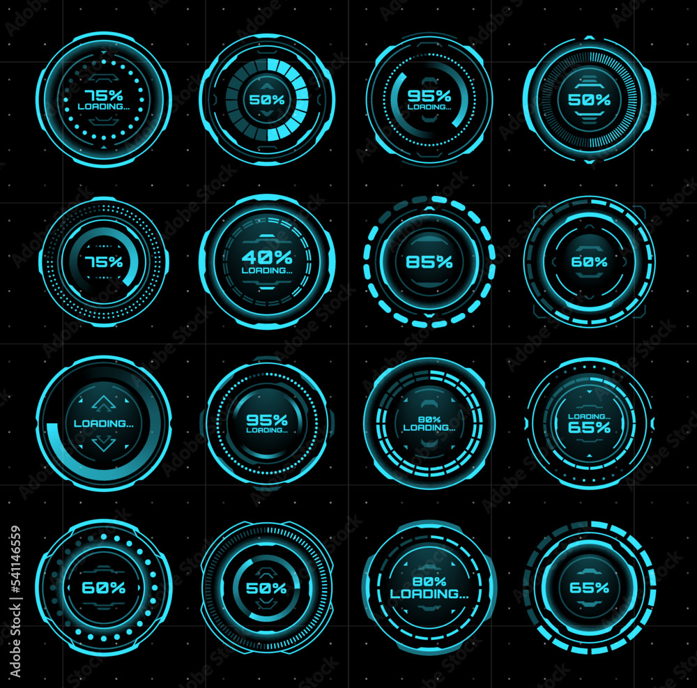 Leinwandbilder HUD futuristic circle loading bars. Sci Fi user interface, futuristic control panel loading progress bar, game UI data download status vector HUD indicator. Interface Internet connection speed screen