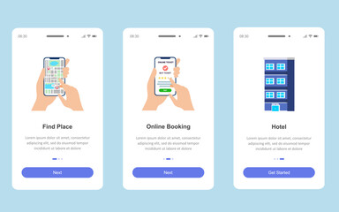 Naklejka na ściany i meble Onboarding screens for online hotel booking app for mobile or responsive website. vector illustration.