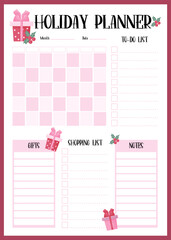 Holiday planner. Christmas organizer, month calendar, to-do list, shopping list, gifts and notes. Vector vertical template planner for New Years and festive design, print, decor, stationery.