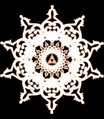 Fototapeta premium The illustrations and clipart. Vector image. White carving with an orange outline in a mandala pattern on a black background.