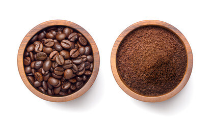 Flat lay of Roasted Coffee beans and ground coffee in wooden bowl isolated on white background. Clipping path.