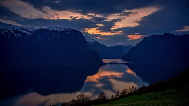 Sunset timelapse of landscape by Aurlandsfjord in Norway